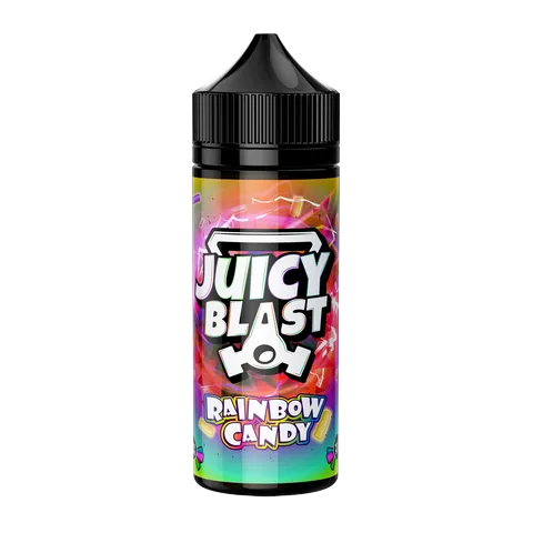 Juicy Blast Rainbow Candy e-liquid bottle, 100ml, with colourful label design.