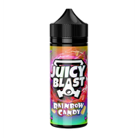 Juicy Blast Rainbow Candy e-liquid bottle, 100ml, with colourful label design.