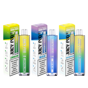 Juicy Pod Novamax 10K Prefilled Pod Vape Kit Showing 3 Flavours Lemon & Lime - Mr Blue - Blue Turkish Delight