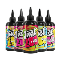 Five colourful vape juice bottles with different fruit flavours displayed in a row.