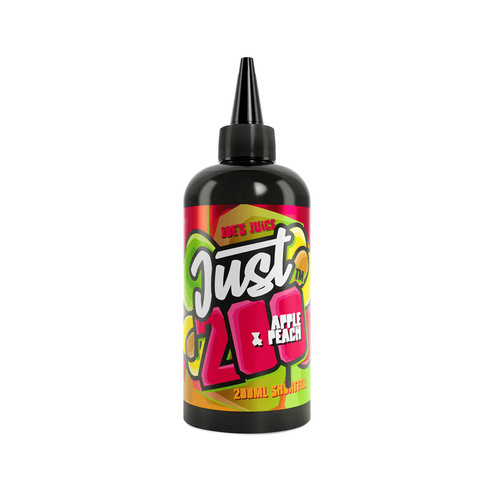 Just 200ml vape juice bottle with apple and peach flavour label.