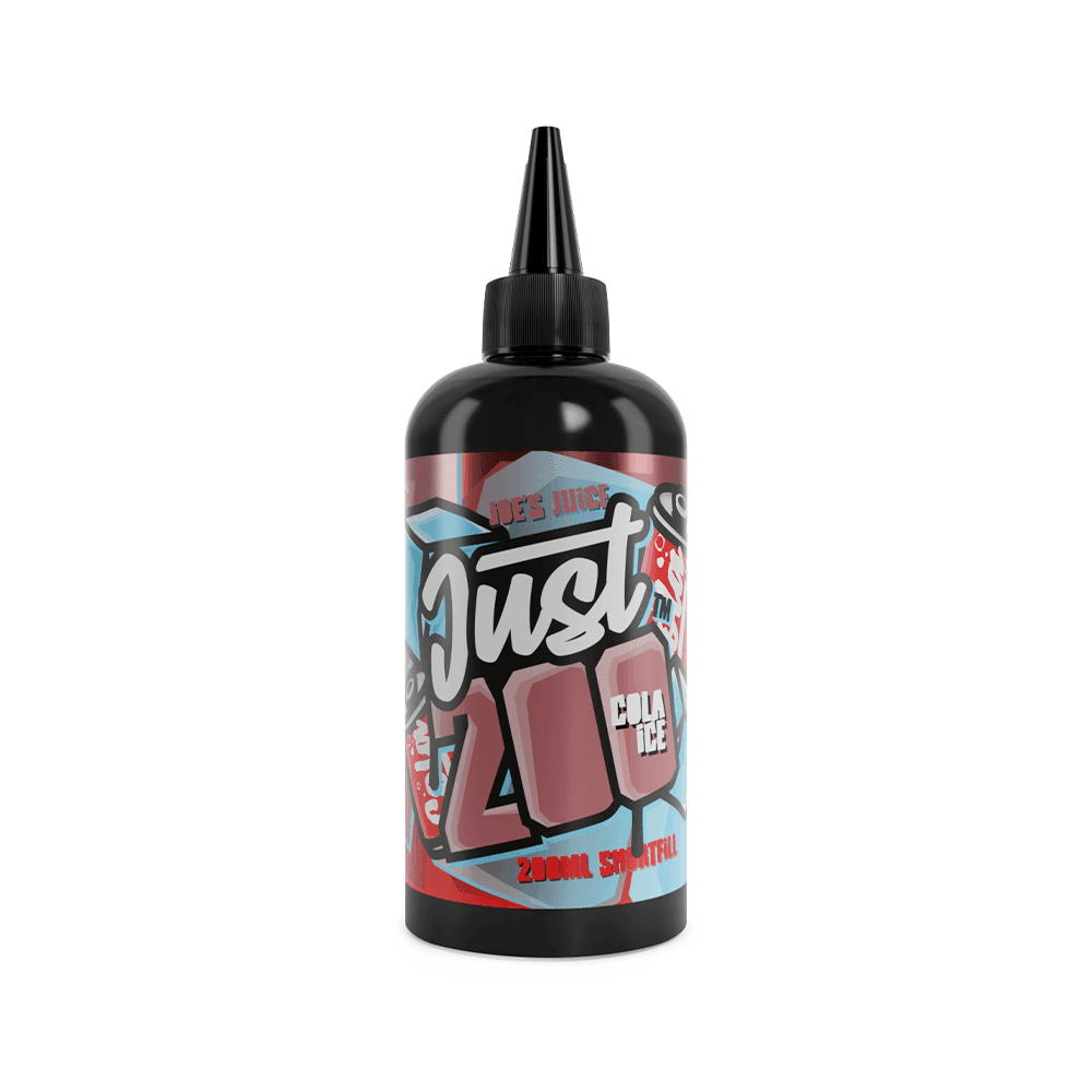 Just 200 Cola Ice e-liquid bottle, 200ml shortfill, black cap, colourful label.