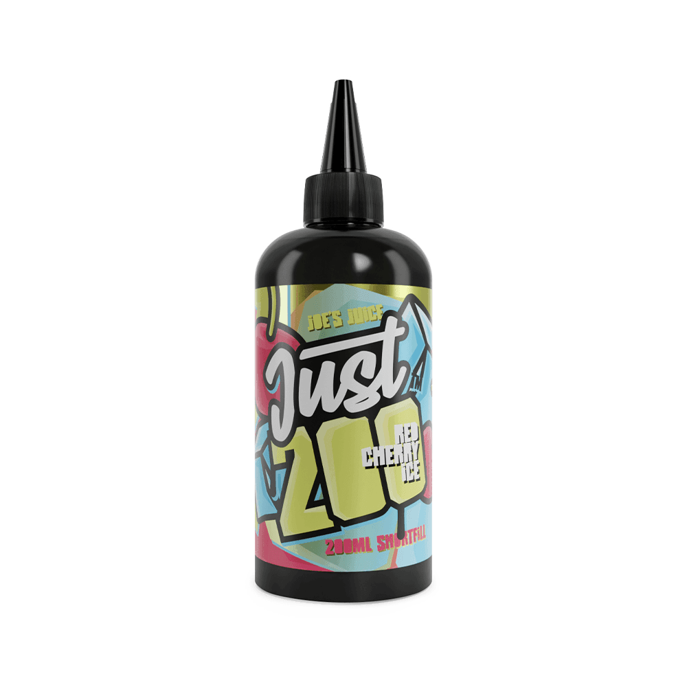 Vibrant vape juice bottle with graffiti design, labelled "Just 200 Red Cherry Ice".