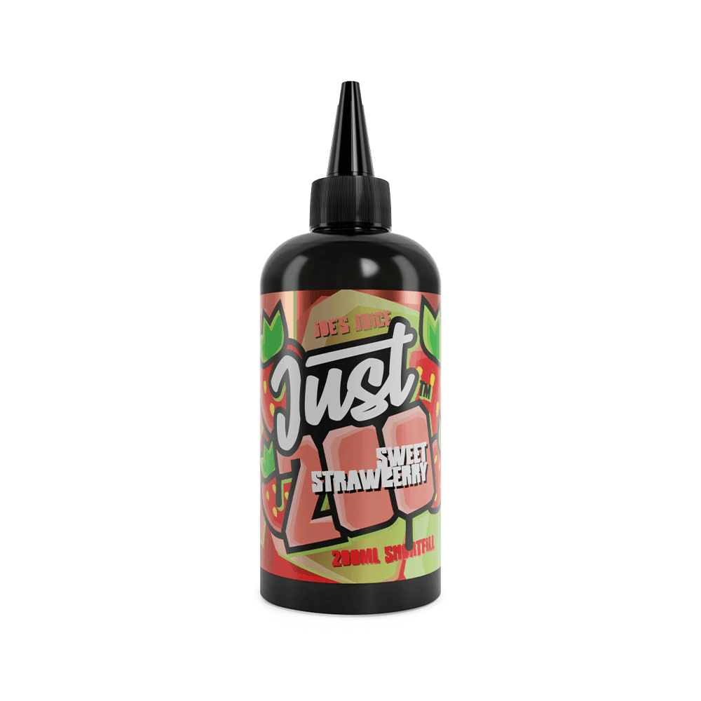 Vape juice bottle labeled "Just 200" Sweet Strawberry, 200ml shortfill.