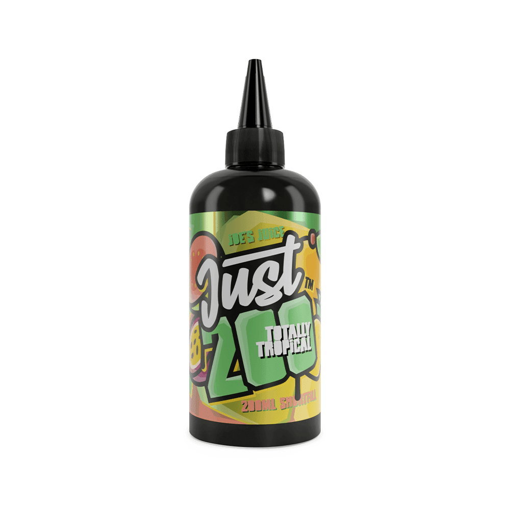 Bottle of Just 200ml vape juice with vibrant tropical-themed label.