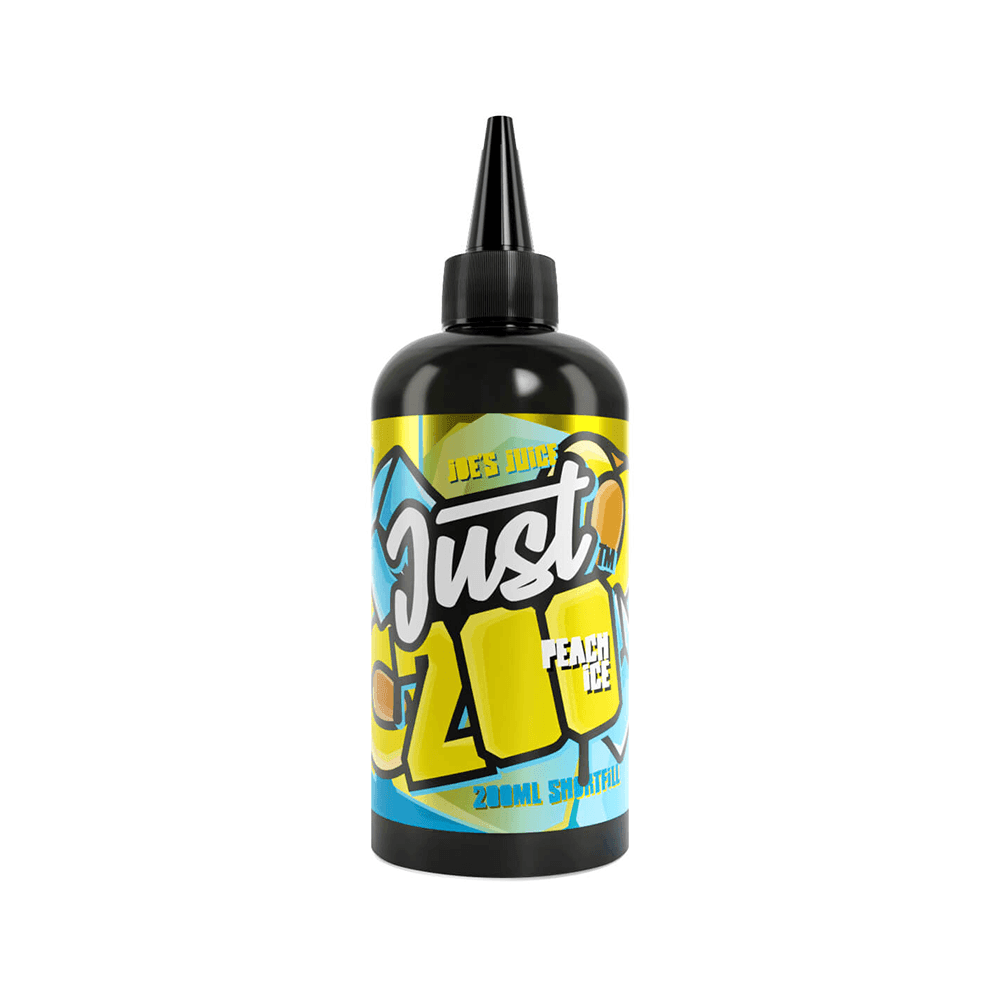 Vape juice bottle labeled "Just 200" Peach Ice, 200ml shortfill.