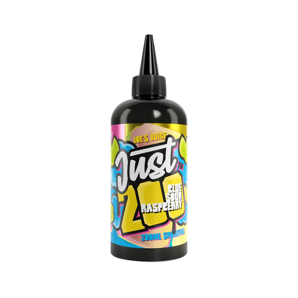 Just 200ml Blue Raspberry e-liquid bottle with colourful label design.