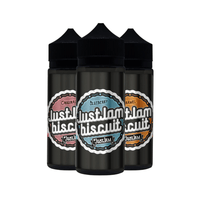 Three Just Jam Biscuit e-liquid bottles: Original, Blueberry, and Caramel flavours.