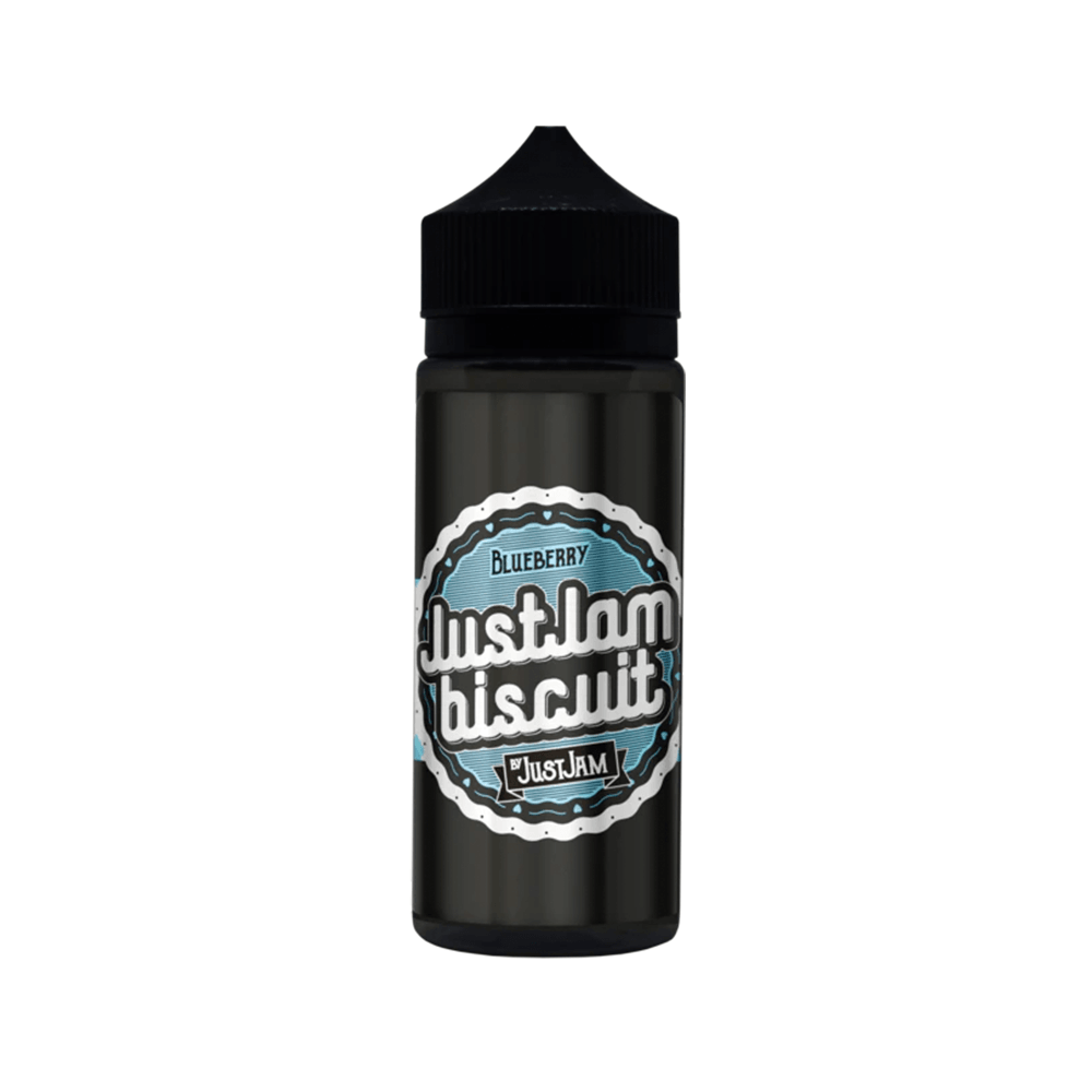 Just Jam Biscuit Blueberry 100ml vape juice bottle with a black cap.