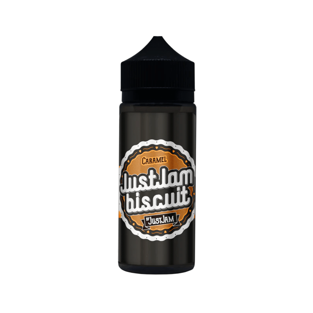 Just Jam Biscuit Caramel vape juice bottle with black cap and orange label.