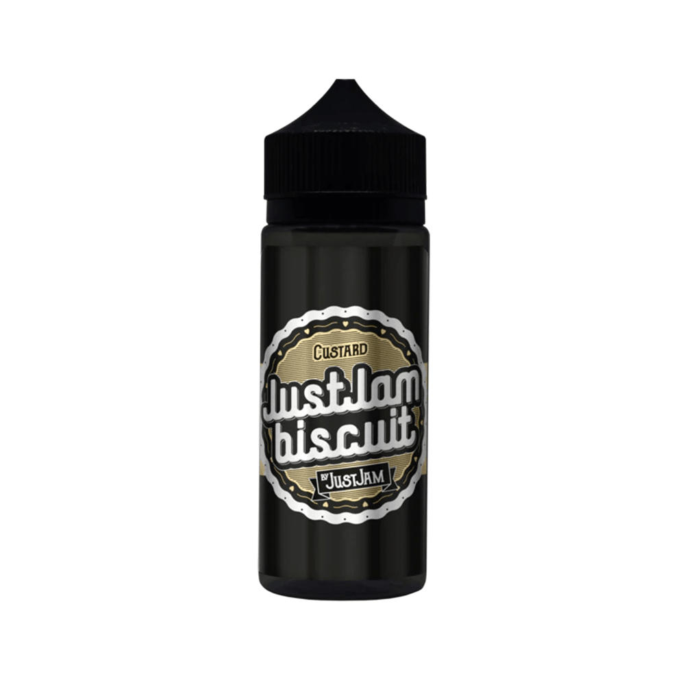 Bottle of Just Jam Biscuit Custard e-liquid, 100ml shortfill, black and gold label.