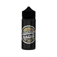 Bottle of Just Jam Biscuit Custard e-liquid, 100ml shortfill, black and gold label.