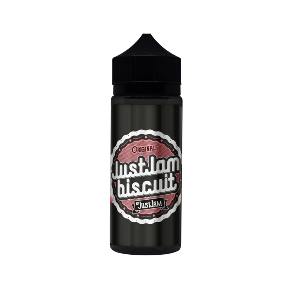 Just Jam Biscuit 100ml shortfill e-liquid bottle with a black cap and pink label.