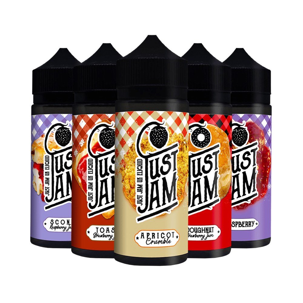 Five Just Jam e-liquid bottles with various flavours, including apricot and raspberry.