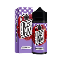 Just Jam Raspberry vape juice bottle and box with purple checkered design.