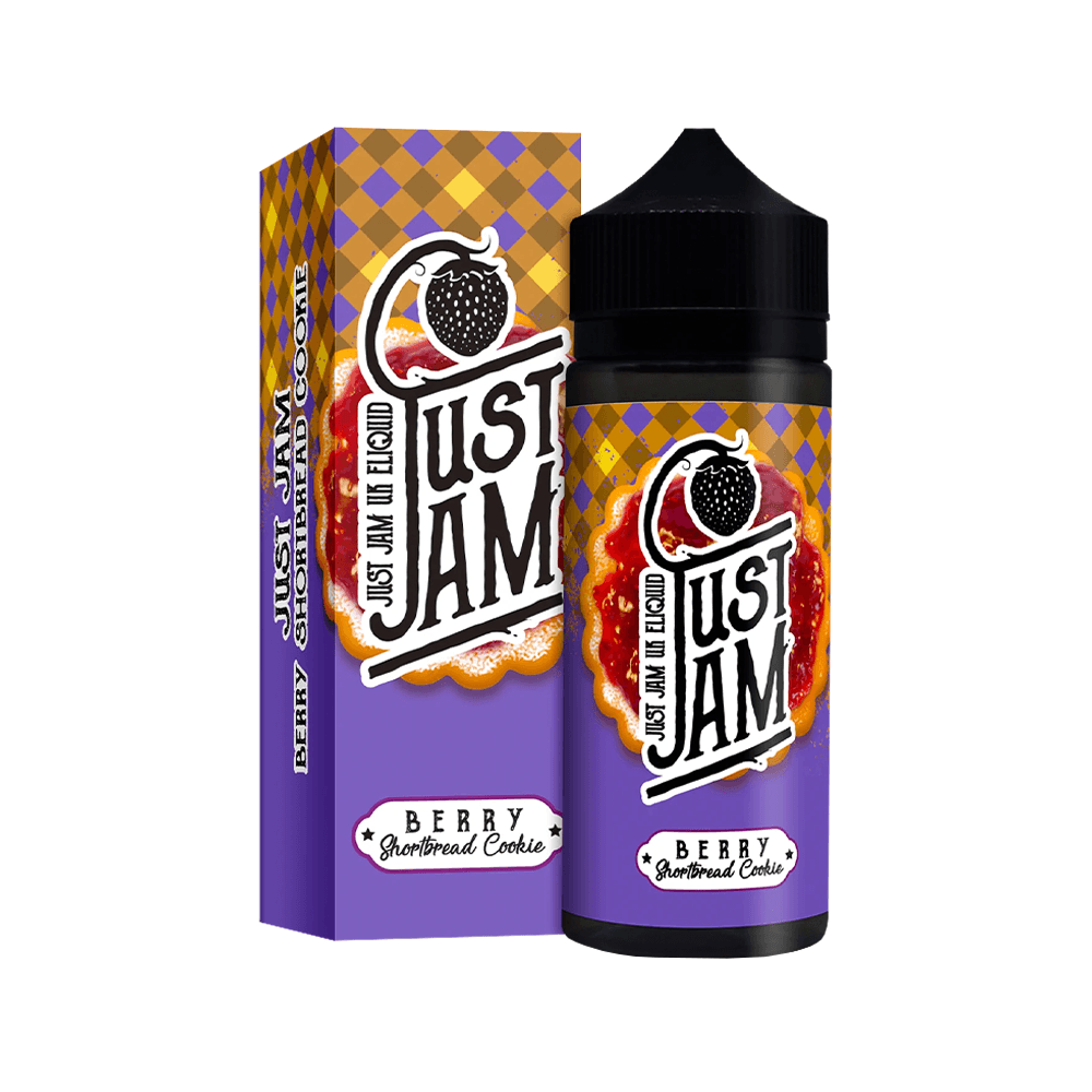 Just Jam Berry Shortbread Cookie e-liquid bottle and box with purple and plaid design.