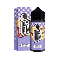 Just Jam Raspberry Scone vape juice bottle and box with purple checkered design.