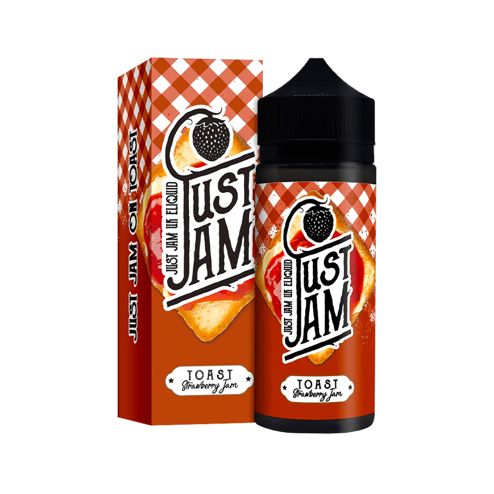 Just Jam Toast Strawberry Jam e-liquid bottle and box with red and white checkered design.