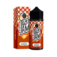 Just Jam Toast Strawberry Jam e-liquid bottle and box with red and white checkered design.