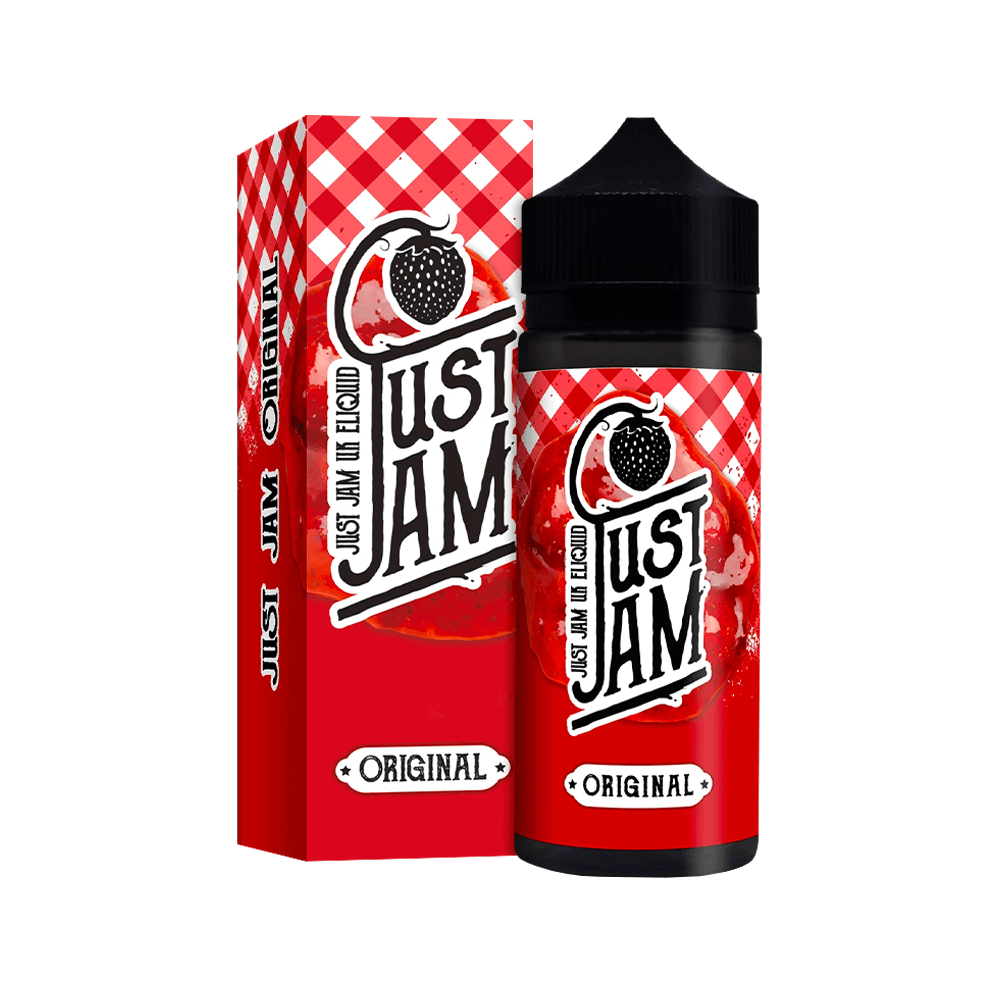 Just Jam Originals 100ml shortfill bottle and box with red checkered design.