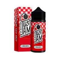 Just Jam Originals 100ml shortfill bottle and box with red checkered design.