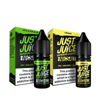 Just Juice e-liquid bottles and boxes in apple pear and lemonade flavours, vibrant packaging.