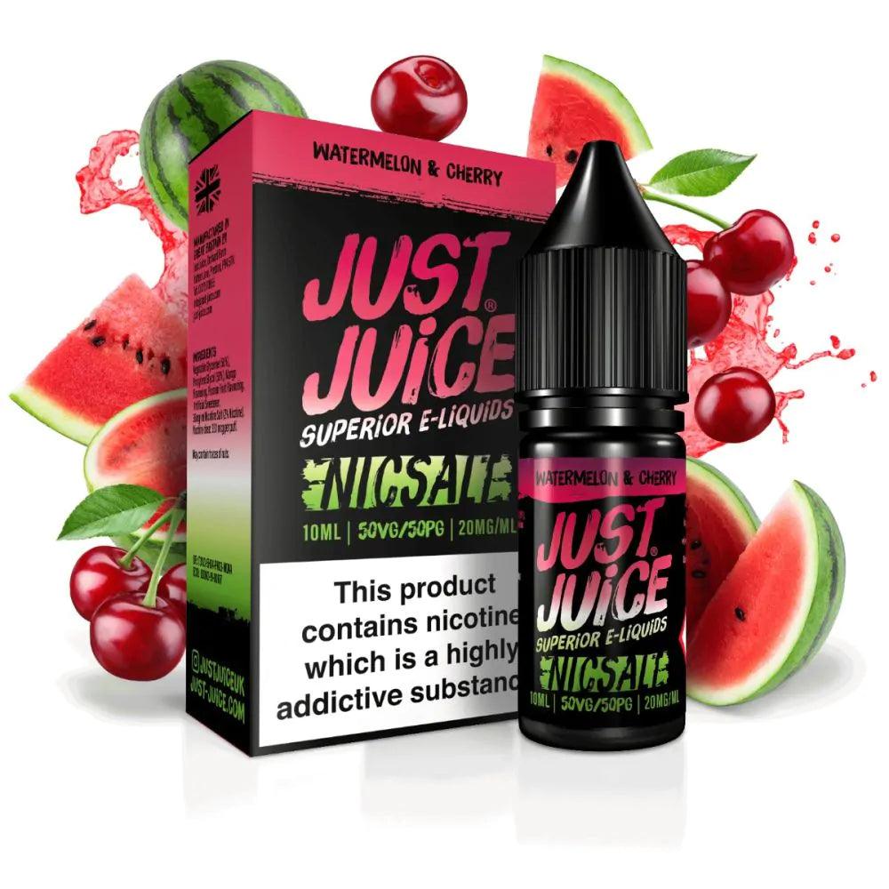 Just Juice Watermelon & Cherry Nic Salt e-liquid bottle and box with fruit illustrations.