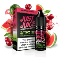 Just Juice Watermelon & Cherry Nic Salt e-liquid bottle and box with fruit illustrations.