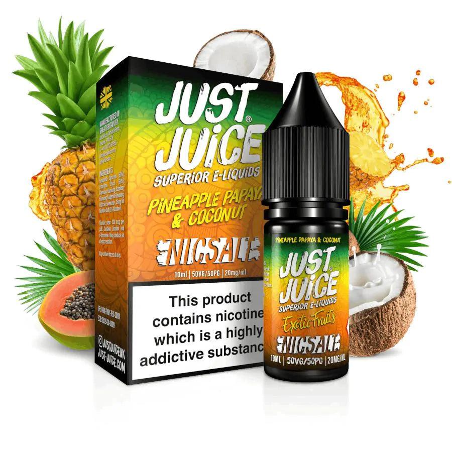 Just Juice Nic Salt Pineapple Papaya & Coconut e-liquid bottle and box with tropical fruits.