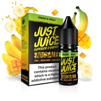 Just Juice Banana & Mango Nic Salt e-liquid bottle and box with fruit illustrations.