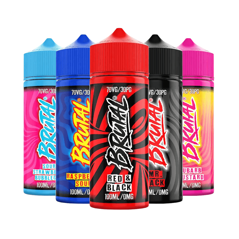 Five colourful Brutal vape juice bottles with vibrant designs and flavours.