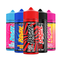 Five colourful Brutal vape juice bottles with vibrant designs and flavours.