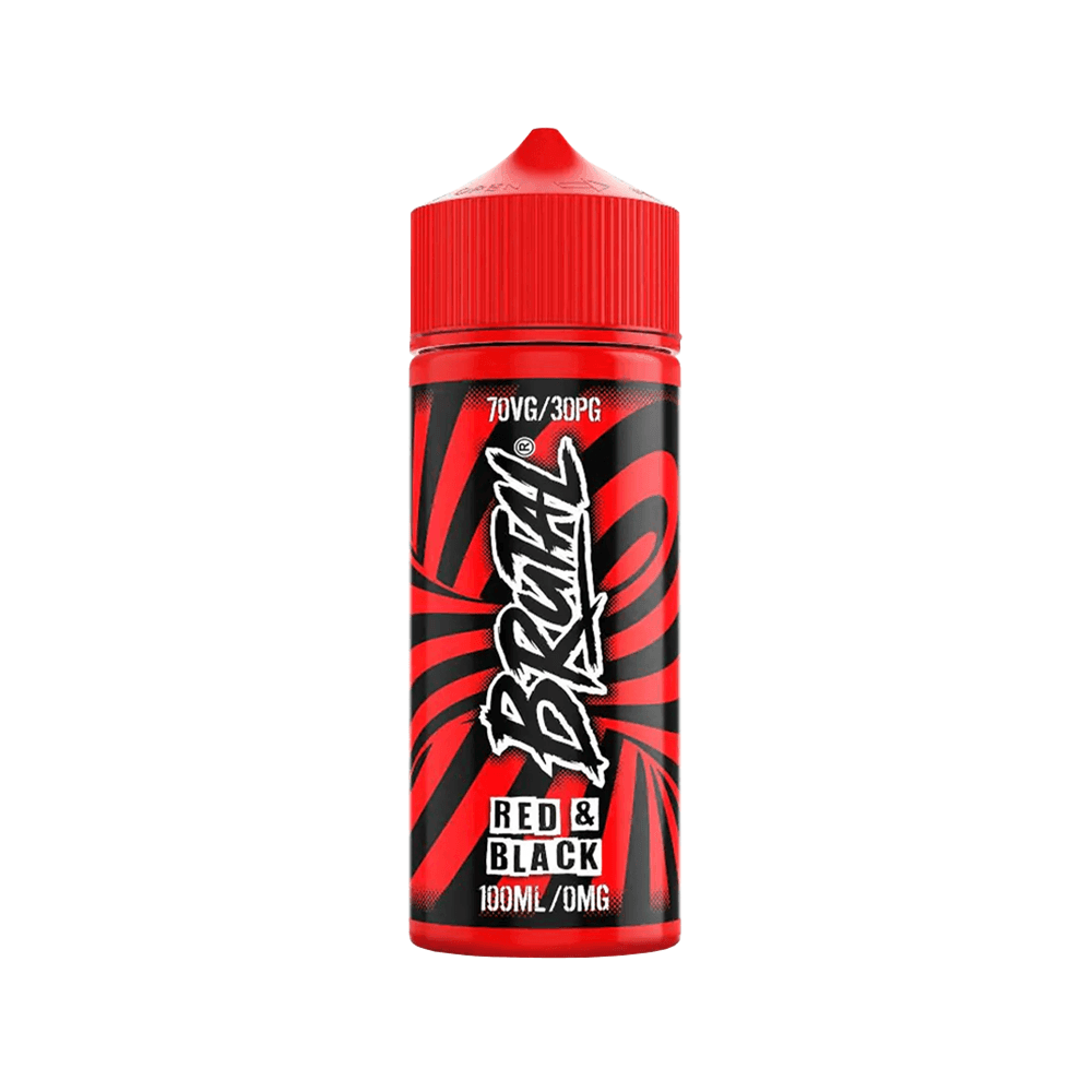 Red and black Brutal vape juice bottle, 100ml, 70VG/30PG ratio.