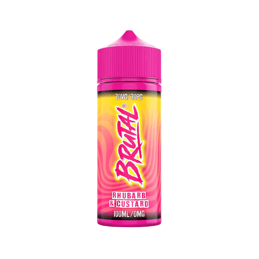 Bright pink Just Juice Brutal Rhubarb & Custard 100ml vape bottle on a white background.