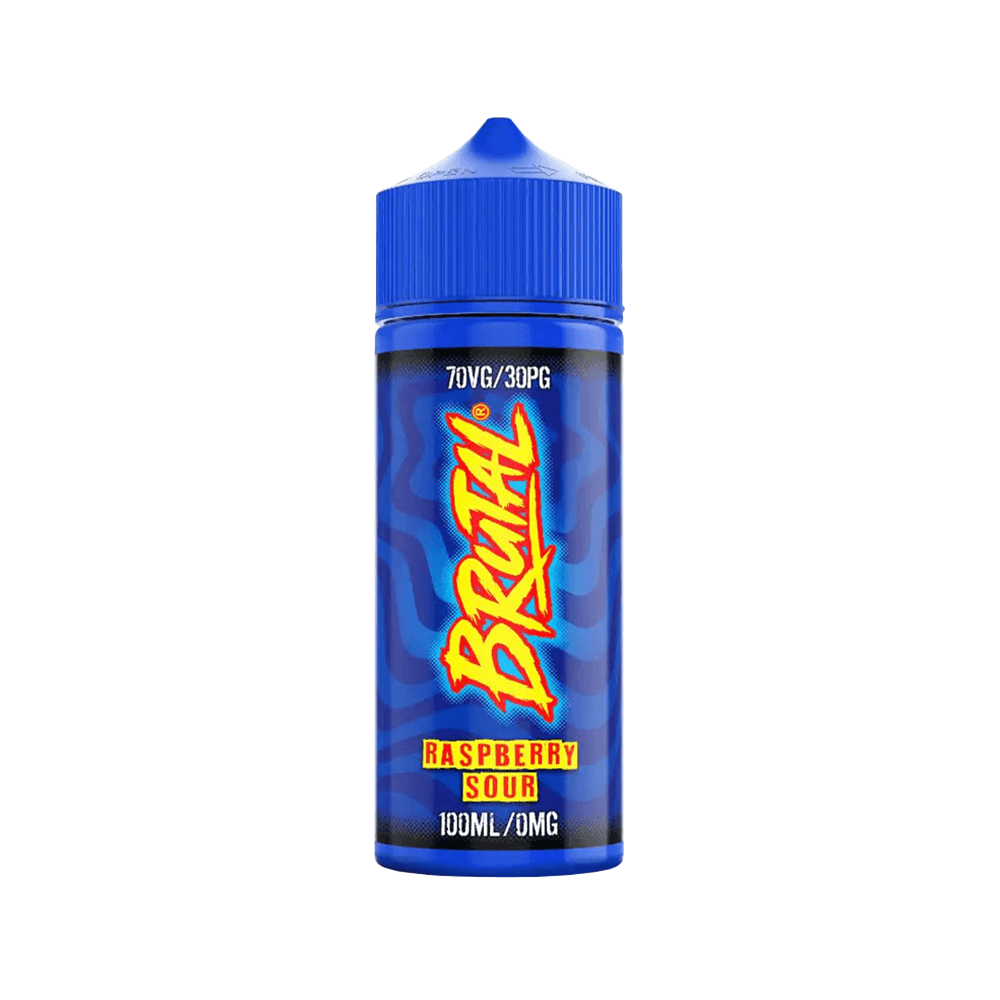 Blue bottle of Brutal Raspberry Sour vape juice, 100ml, 70VG/30PG.