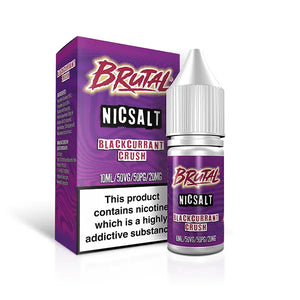 Brutal Nic Salt Blackcurrant Crush 10ml box and bottle with purple design and branding.