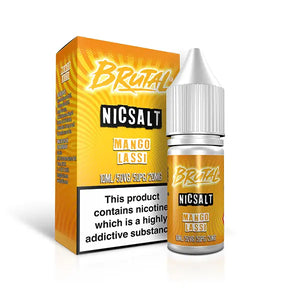 Just Juice Brutal Nic Salt Mango Lassi 10ml bottle and box with vibrant yellow design.