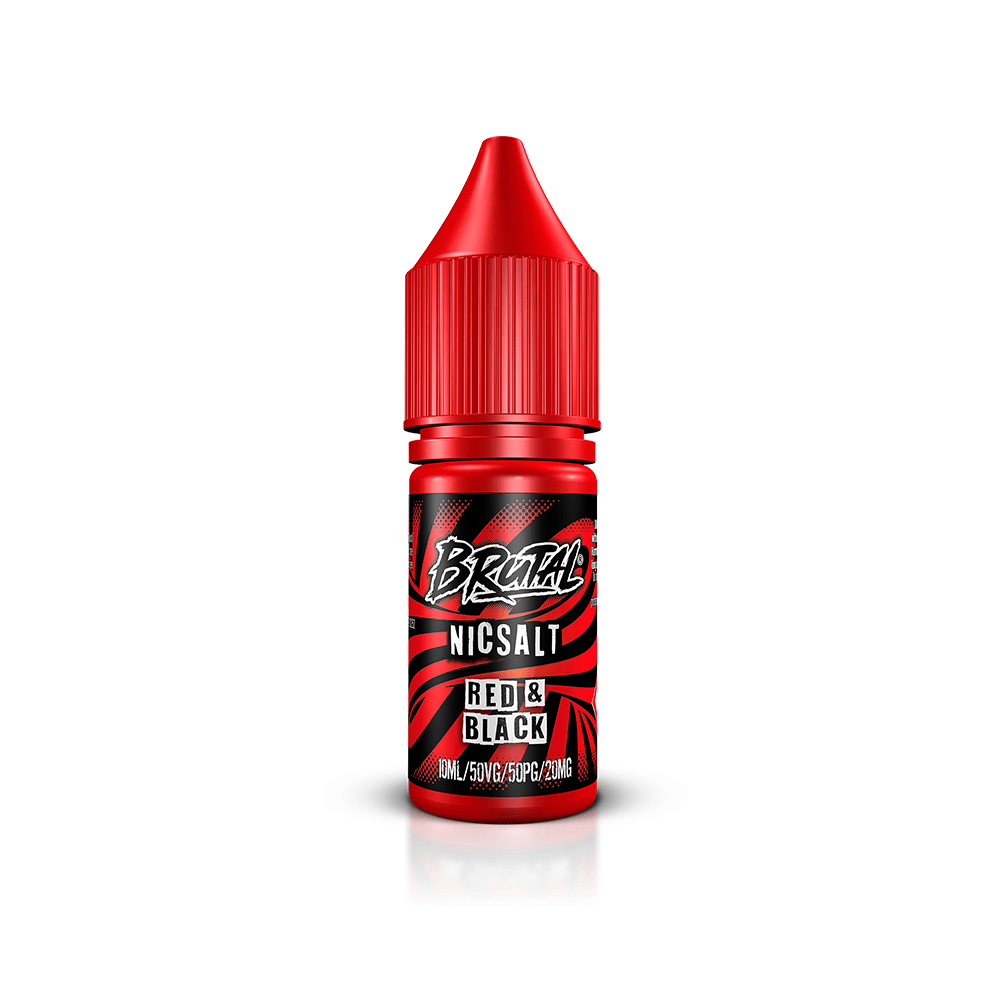 Red and black Just Juice Brutal Nic Salt 10ml bottle with bold design.