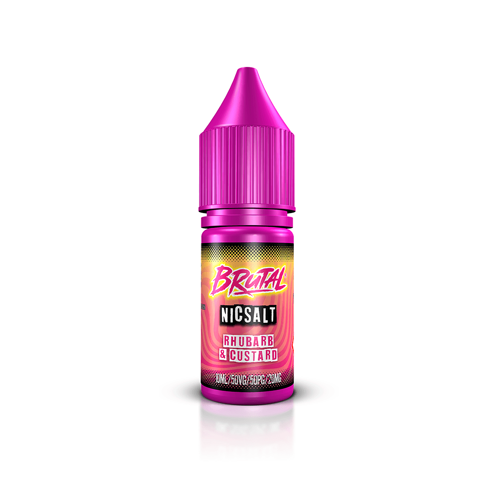 Pink bottle of Brutal Nic Salt, Rhubarb & Custard flavour, on a white background.