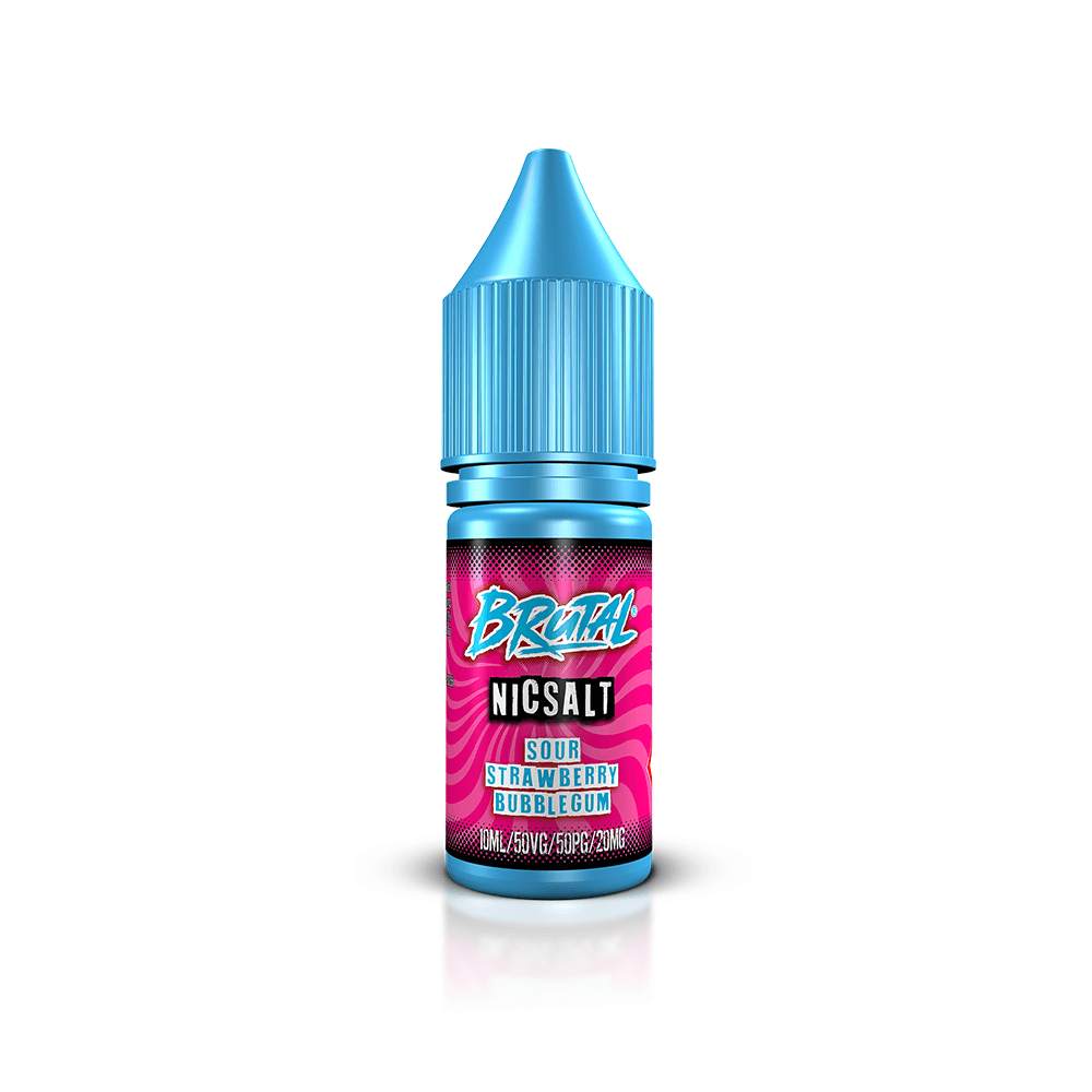 Just Juice Brutal Nic Salt Sour Strawberry Bubblegum vape juice bottle on a white background.