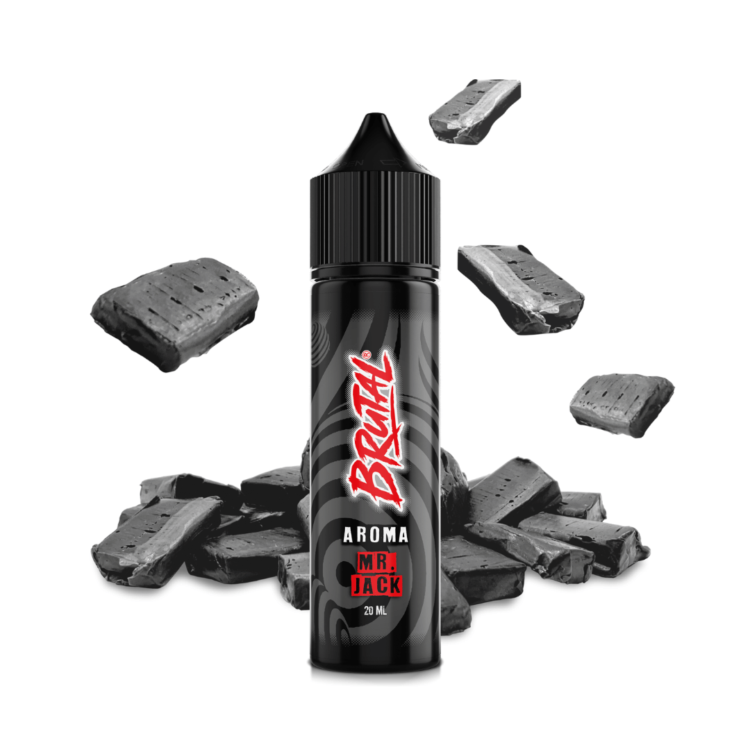 Just Juice Brutal Aroma Mr. Jack 20ml bottle with floating dark chocolate pieces.