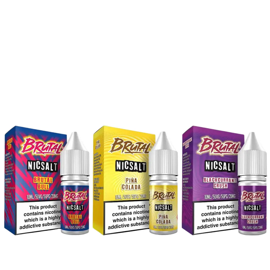 Three Brutal Nic Salt e-liquid bottles with boxes: Brutal Bull, Pina Colada, Blackcurrant Crush.