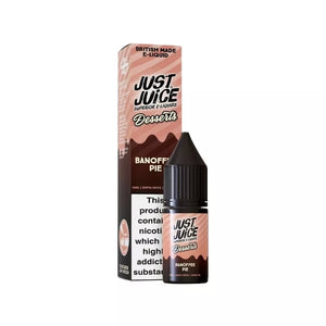 Just Juice Desserts 10ml Nic Salt banoffee pie Flavour. Available in 5mg, 10mg and 20mg strength and great for Refillable Pod Kits 