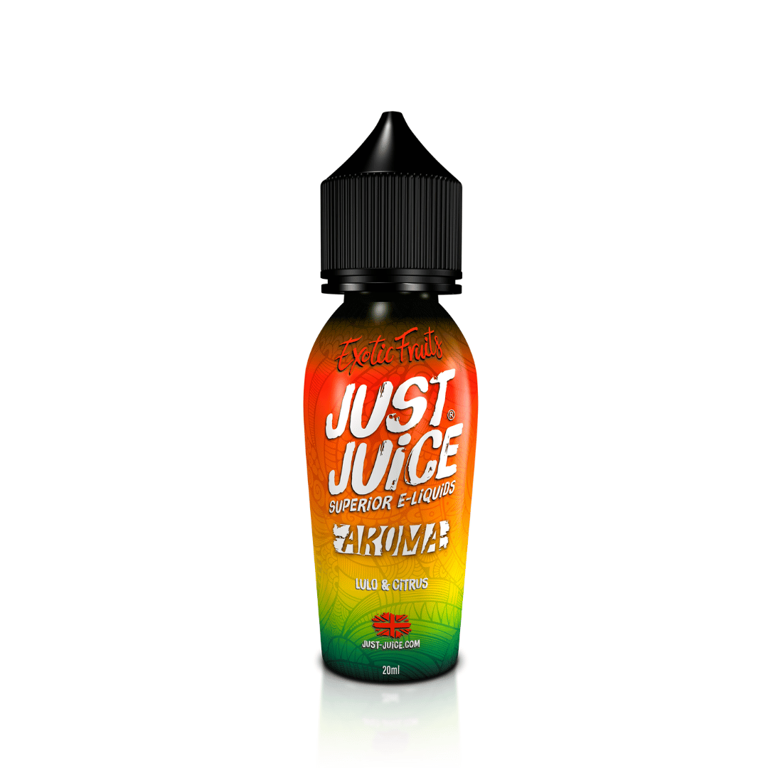 Just Juice Exotic Fruits Aroma Lulo & Citrus e-liquid bottle, vibrant orange and green design.