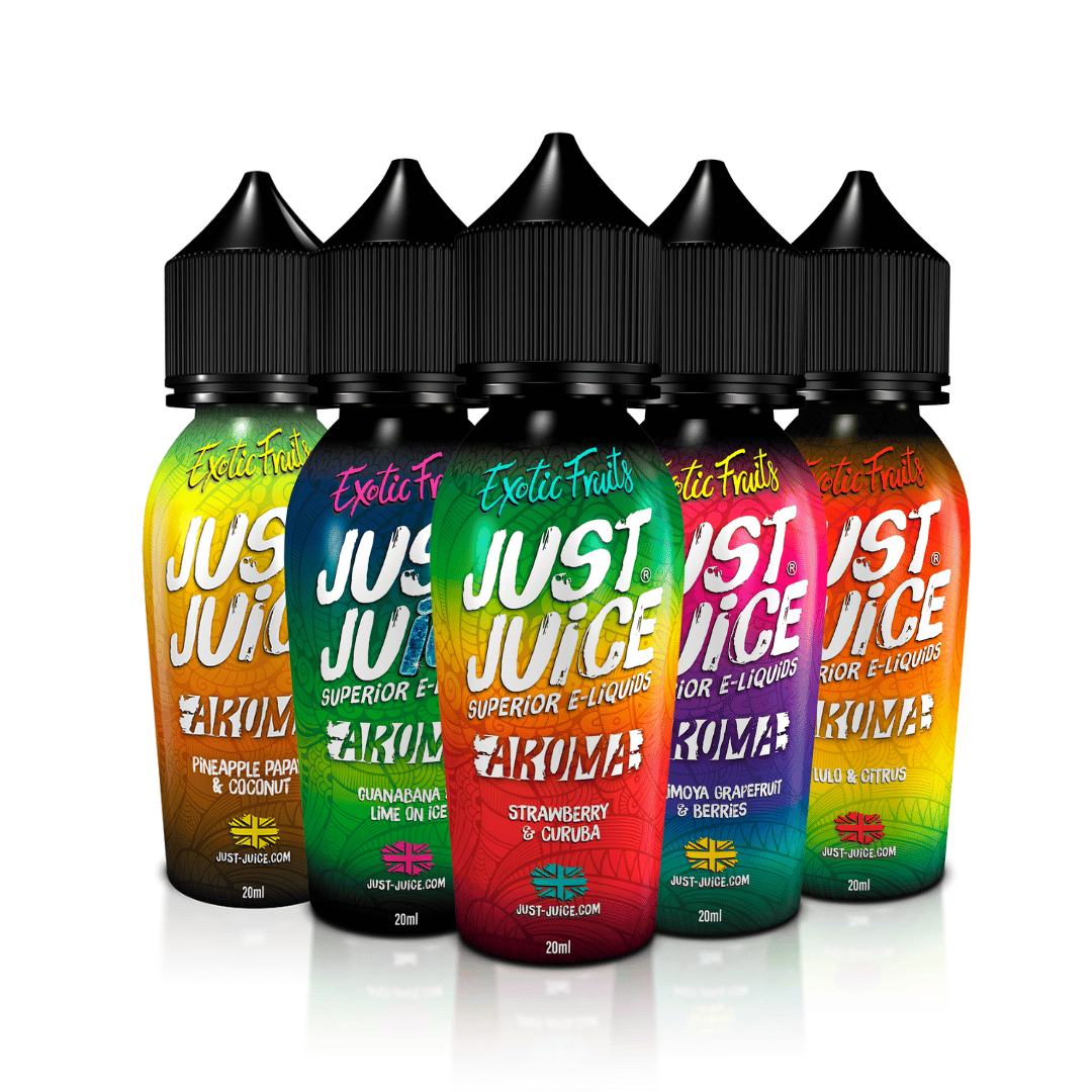 Just Juice Exotic Fruits Aroma e-liquids in colourful bottles, featuring various fruit flavours.