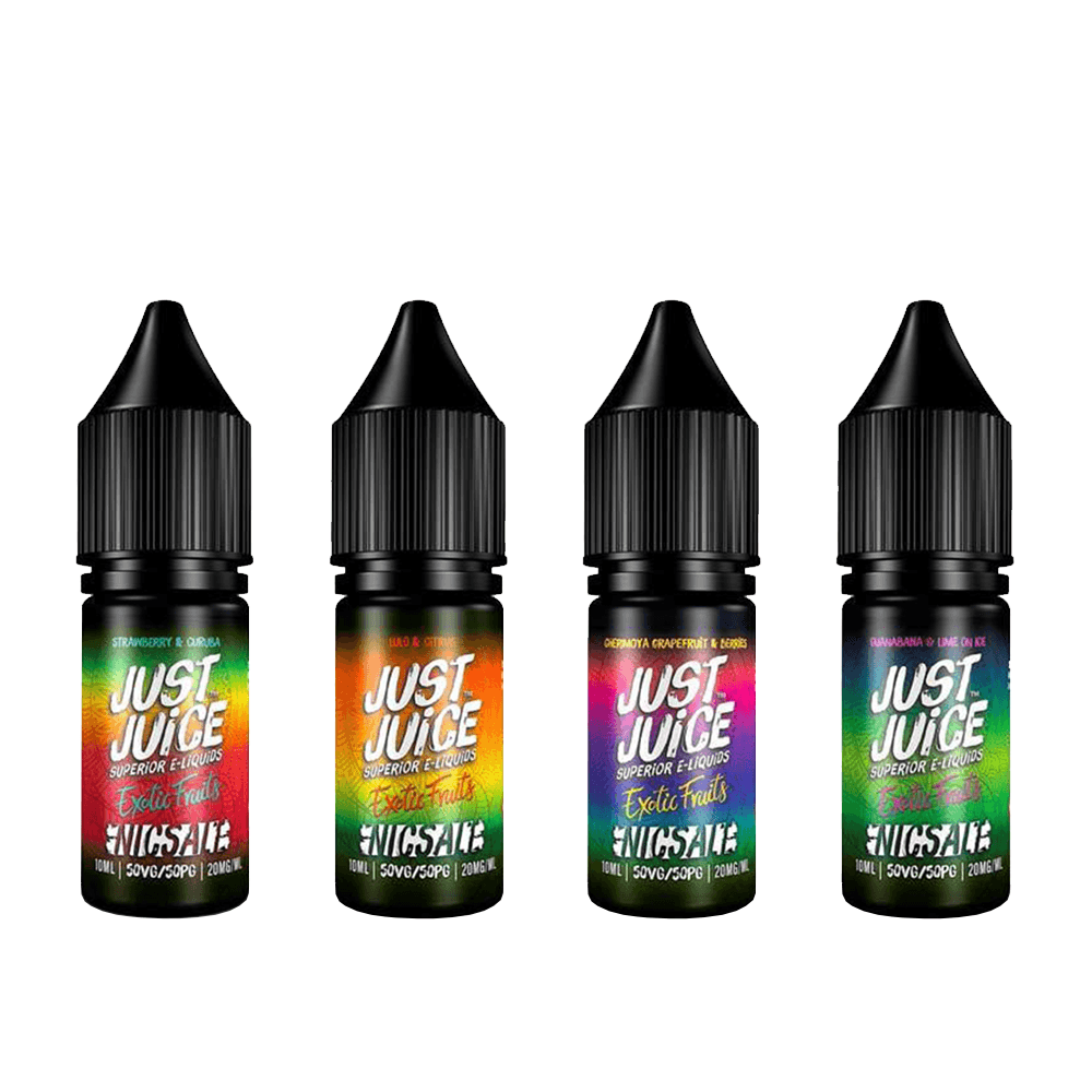 Four bottles of Just Juice Exotic Fruits e-liquid with colourful labels.