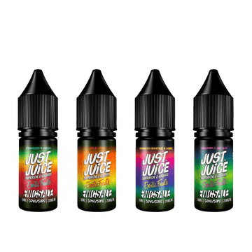 Four bottles of Just Juice Exotic Fruits e-liquid with colourful labels.