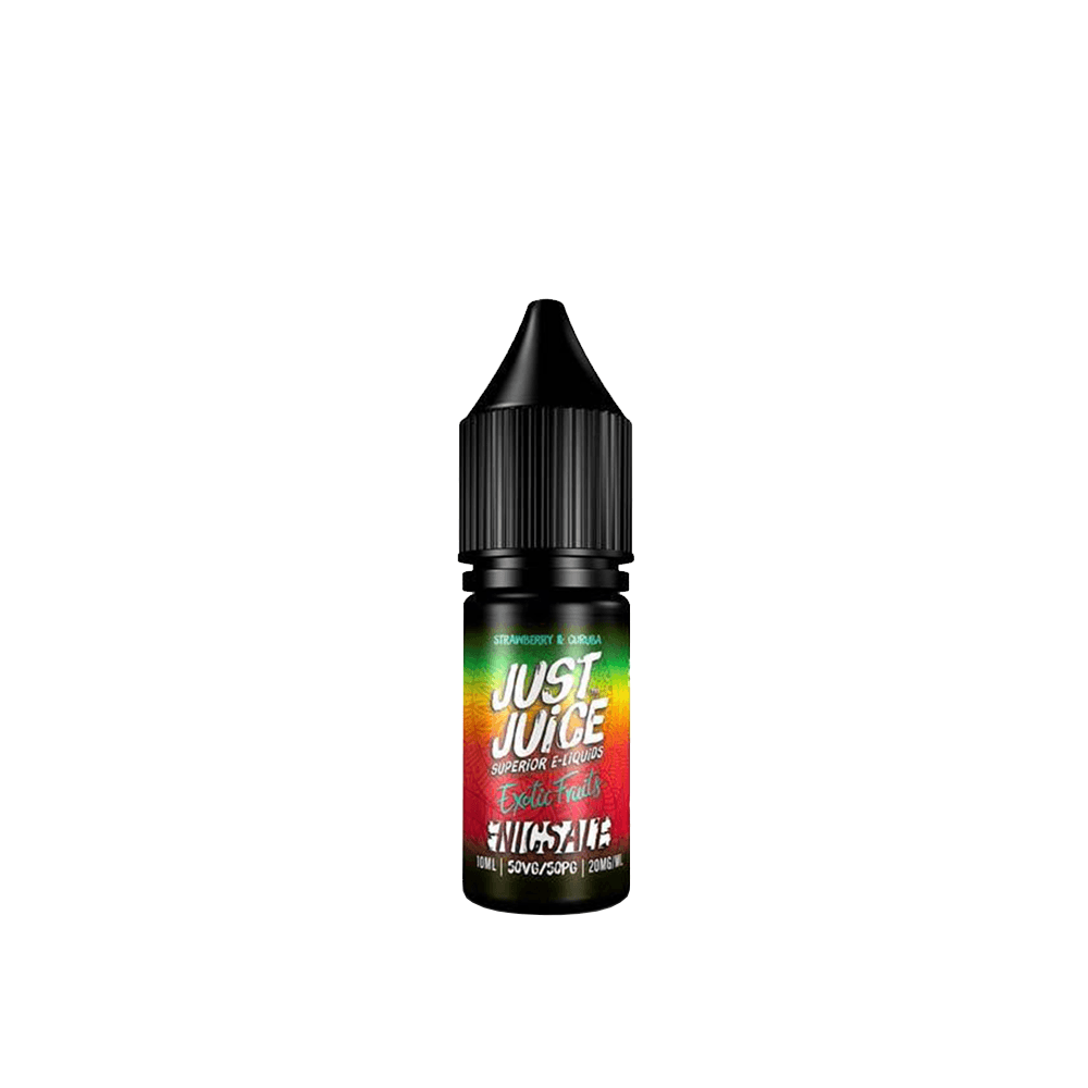 Just Juice Exotic Fruits e-liquid bottle with vibrant label design.