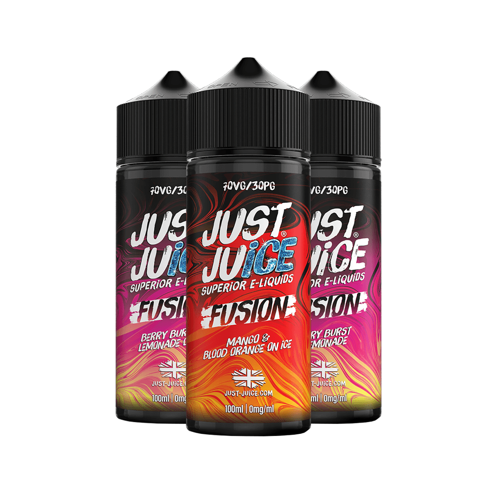 Three bottles of Just Juice Fusion e-liquid in vibrant, colourful packaging.