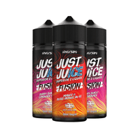 Three bottles of Just Juice Fusion e-liquid in vibrant, colourful packaging.